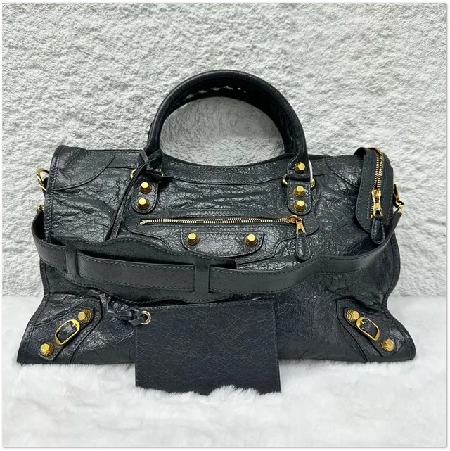 Balenciaga Black Distressed Lambskin Classic City Bag in Black Lambskin from Luxury Promise