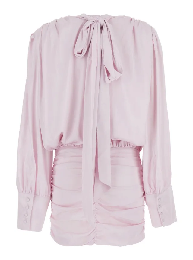 Rotate Dress with Deep V-Neck and Draped Design in Pink Silk for Women in Pink 100% Silk, photo 3 of 6 from Gaudenzi Boutique