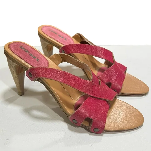 Diesel Vintage Y2k Cone Heel Sandal Red Tan Leather Size 6 in brown|neutral|red Leather from Poshmark