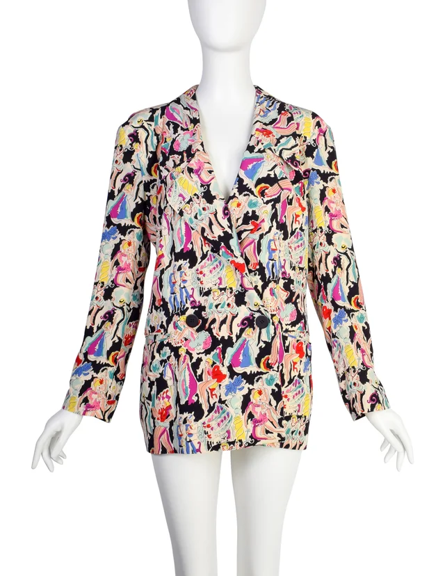 Giorgio Armani Vintage SS 1987 Colorful Can Dancer Novelty Print Silk Blazer Jacket in Silk from Amarcord Vintage Fashion