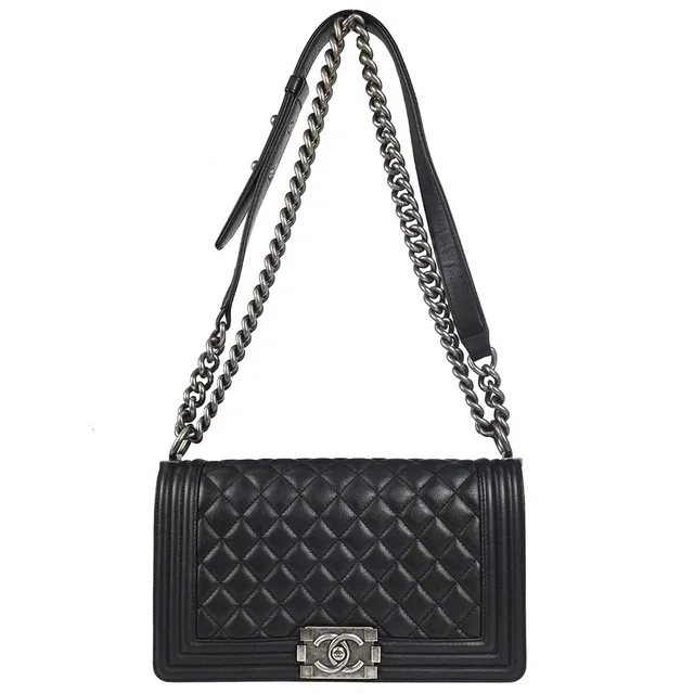 Boy Chanel 2018 Black Lambskin Medium Double Chain Shoulder Bag in Black Lambskin from AMORE Vintage Tokyo