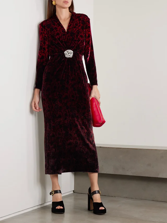 SALONI Mya crystal-embellished gathered printed velvet midi dress in Red, photo 2 of 2 from NET-A-PORTER (Canada)