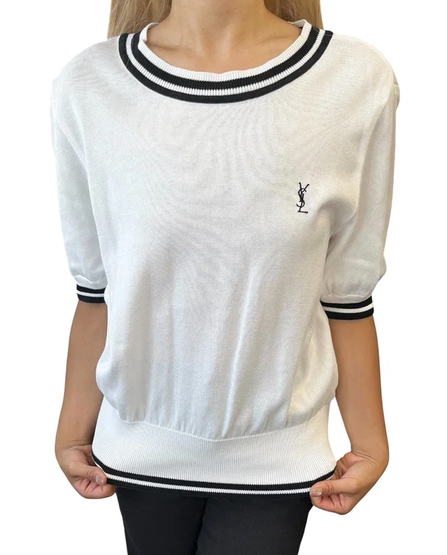 Saint Laurent Vintage Logo Knit T-shirt Top #M White Black Cotton in Black from Luxury Promise