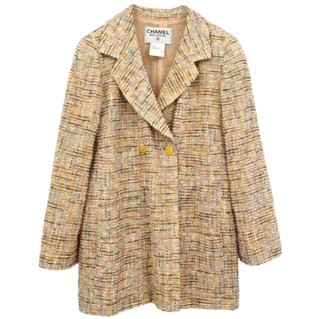 Chanel 1999 Double Breasted Tweed Jacket Beige #36 in Beige Tweed from AMORE Vintage Tokyo