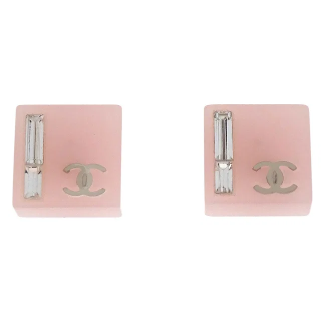 Chanel Square Pierced Earrings Silver Pink Rhinestone 07C in Pink from AMORE Vintage Tokyo
