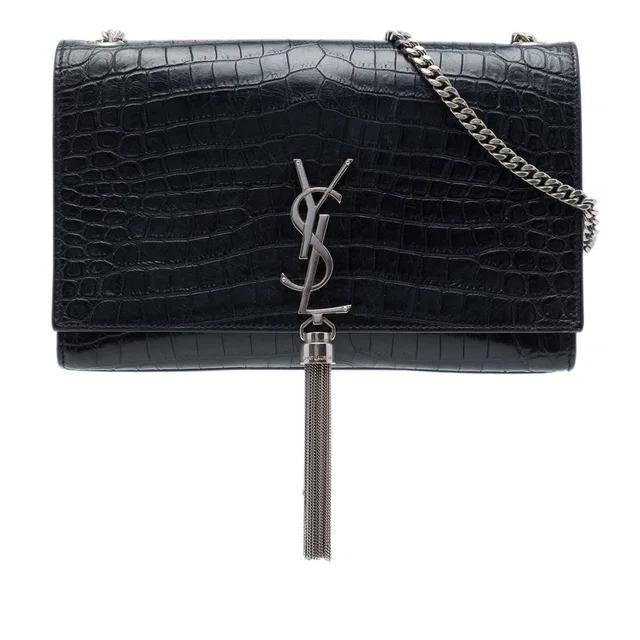 Black Saint Laurent Medium Croc Embossed Leather Monogram Kate Tassel Crossbody in Black Crocodile from Designer Revival
