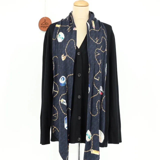Lanvin Paris Black Wool V-Neck Cardigan With Embellished Silk Scarf Size Xl in blue|black Silk from Poshmark
