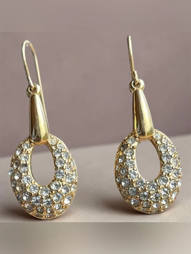 Swarovski Swan Signed Gold Tone Pave Crystal Drop Earrings Oval Dangle in gold|white from Poshmark