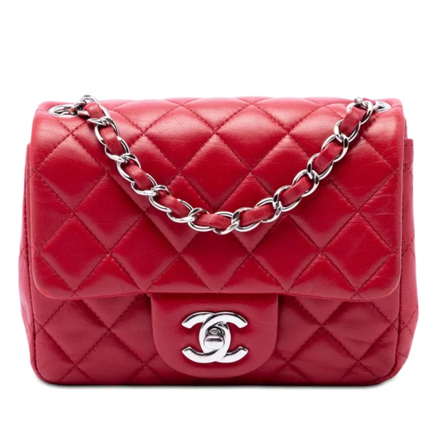 Red Chanel Mini Square Classic Lambskin Single Flap Crossbody Bag in Red Lambskin from Designer Revival