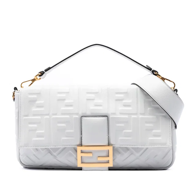 White Fendi Large Zucca Embossed Leather Baguette Satchel in White Leather from Designer Revival