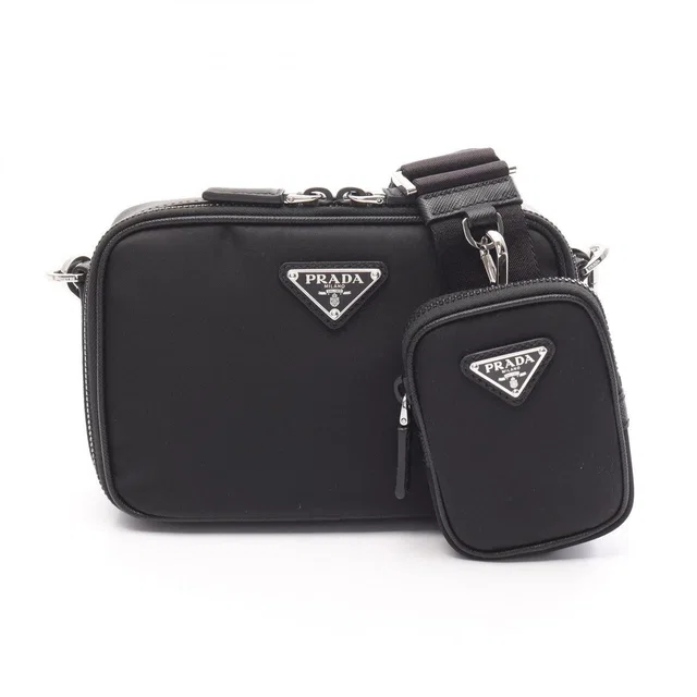 Prada Shoulder Bag Brick Black Nylon Saffiano Leather in Black Saffiano leather from The Reluxe