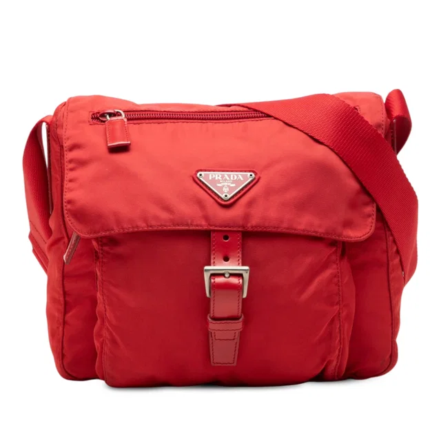 Red Prada Tessuto Zip Buckle Messenger Bag in Red Nylon from Designer Revival