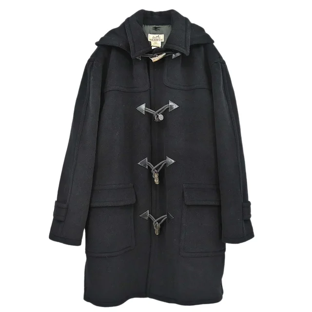 Hermès Duffle Coat Black #52 in Black Wool from AMORE Vintage Tokyo