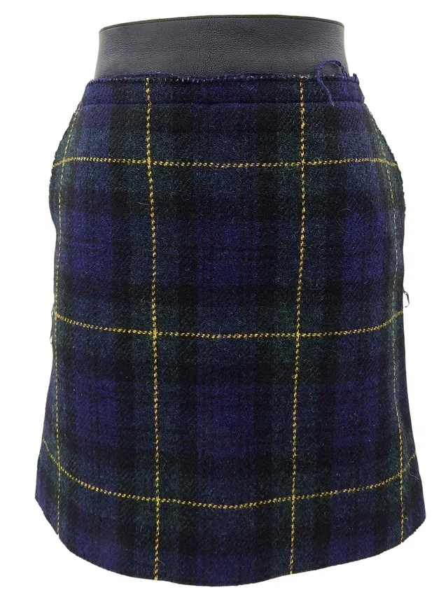 Celine Wool Check Pattern Tight Skirt #36 Navy/Black in Black Wool from VINTAGE QOO TOKYO