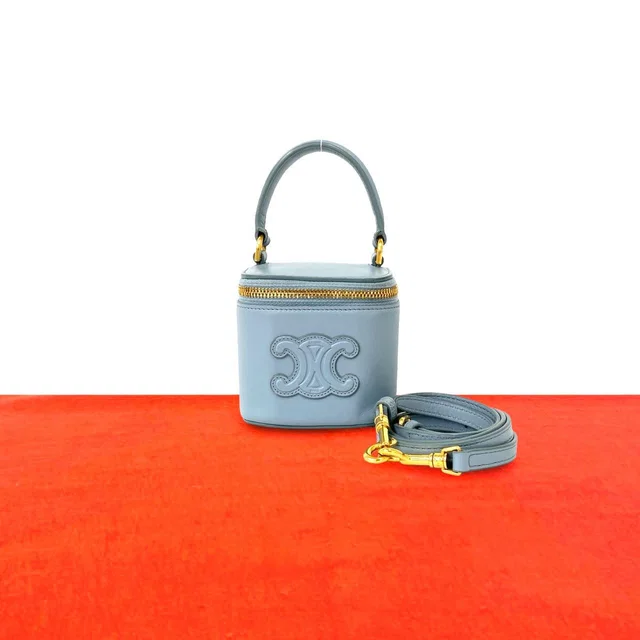 Celine Cuir Triomphe Logo Calf Leather 2-Way Mini Shoulder Bag Vanity Blue in Blue Calfskin from The Reluxe