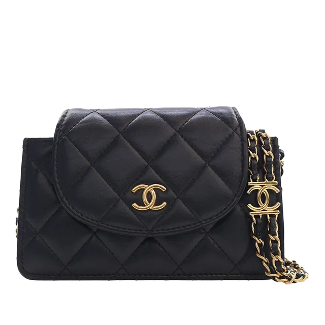 Black Chanel Mini CC Quilted Lambskin Phone Holder On Chain Crossbody Bag in Black Lambskin from Designer Revival