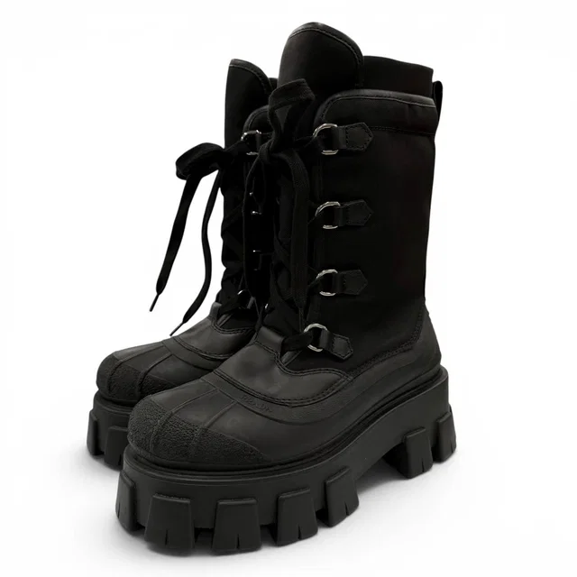 Prada Monolith Logo Lace Up Boots Short Black in Black from The Reluxe