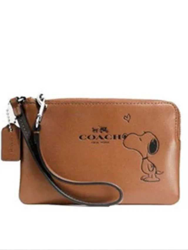 Coach Peanuts Snoopy Kiss Love Heart Corner Zip Wristlet Saddle Brown F65193 in black|brown|red Calfskin from Poshmark
