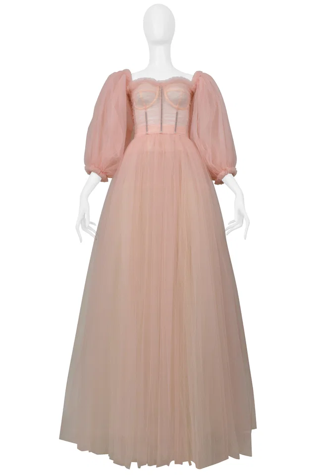 Dolce & Gabbana Ballet Pink Sheer Corseted Tulle Gown With Puff Sleeves in Pink Silk from Resurrection Vintage