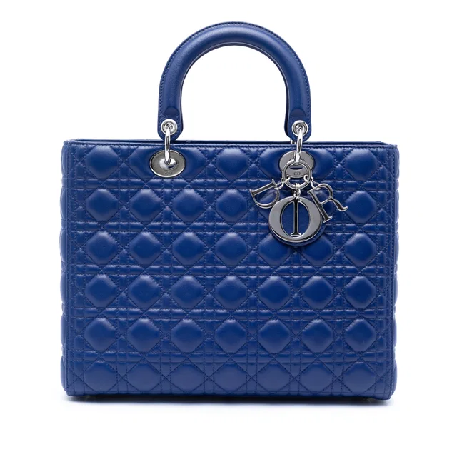 Blue Dior Large Lambskin Cannage Lady Dior Satchel in Blue Lambskin from Designer Revival