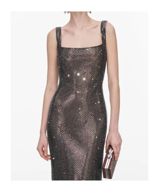 Self-Portrait Gunmetal Square Neck Rhinestone Maxi Dress, image 1 of 1 from SENSER