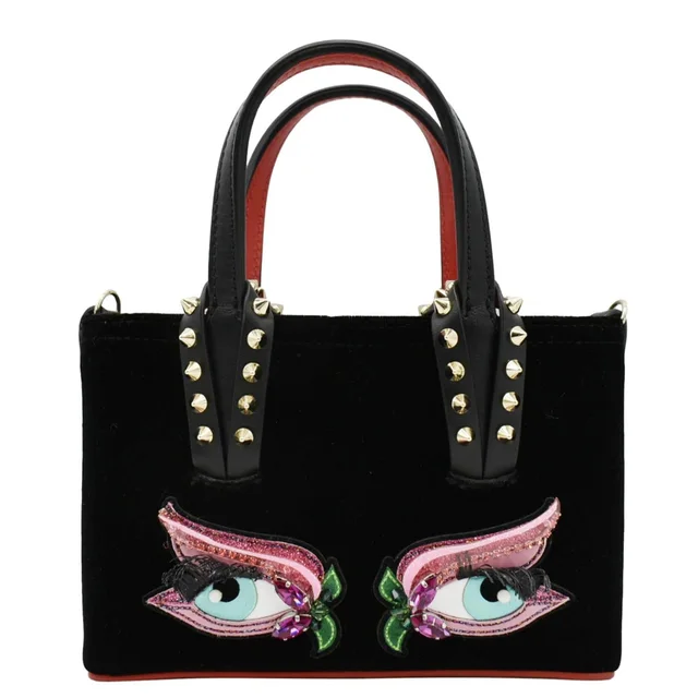 Christian Louboutin Cabata Eyelet Velour Suede Tote Shoulder Bag Black in Black Suede from Dallas Designer Handbags