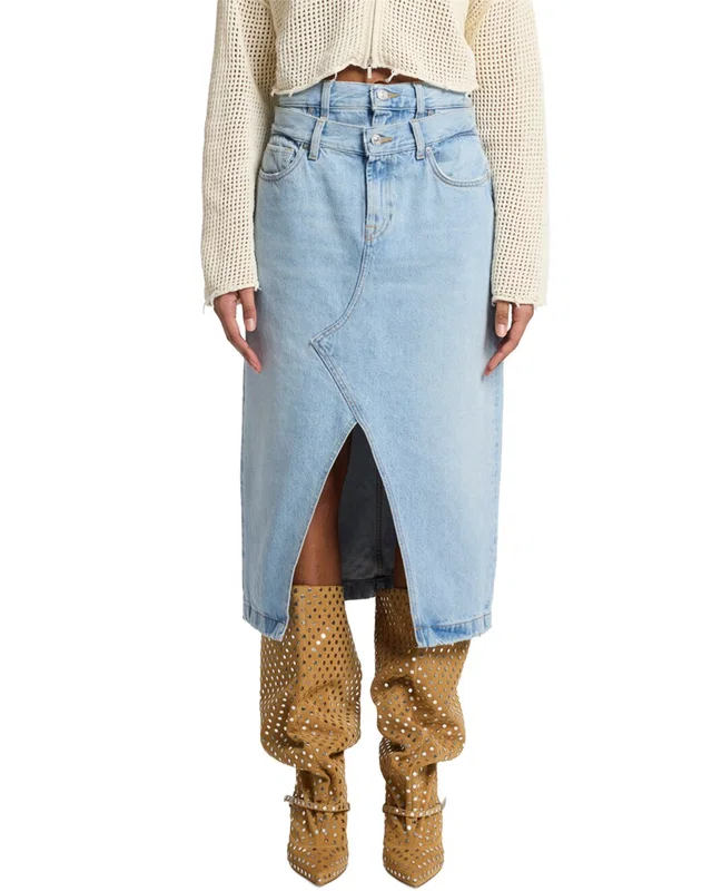 7 For All Mankind Double Waisted Skirt in Blue, image 1 of 1 from Rue La La