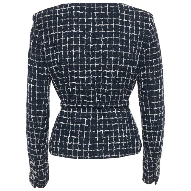 Chanel Navy Blue and White Windowpane Cotton Tweed Jacket in White Tweed from HEWI