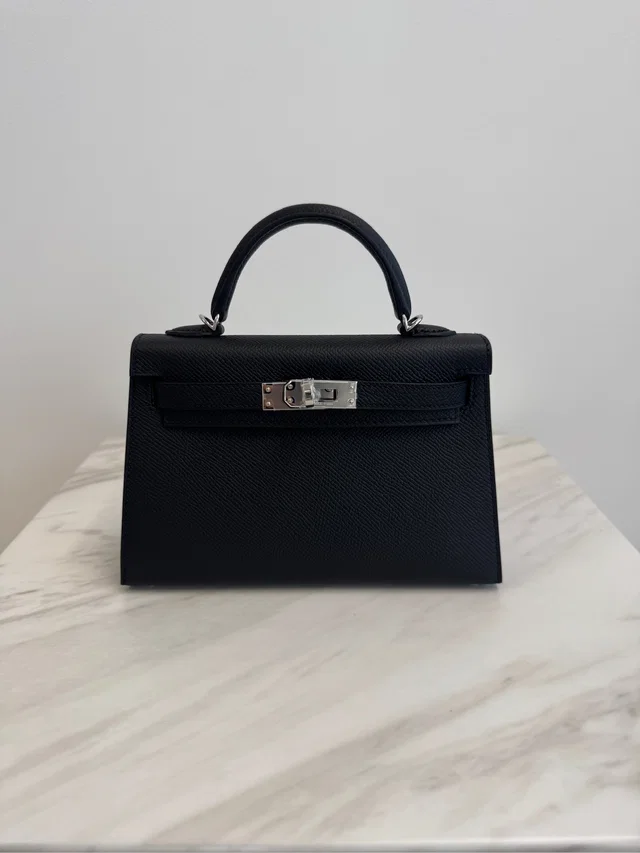 Hermès Mini Kelly Black/ Gold Epsom Palladium Hardware in Black Epsom leather from Luxury Promise