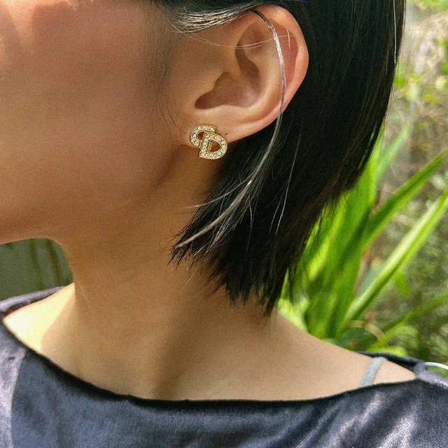 Dior Rhinestone Logo Earrings - Gold in Gold from VINTAGE QOO TOKYO