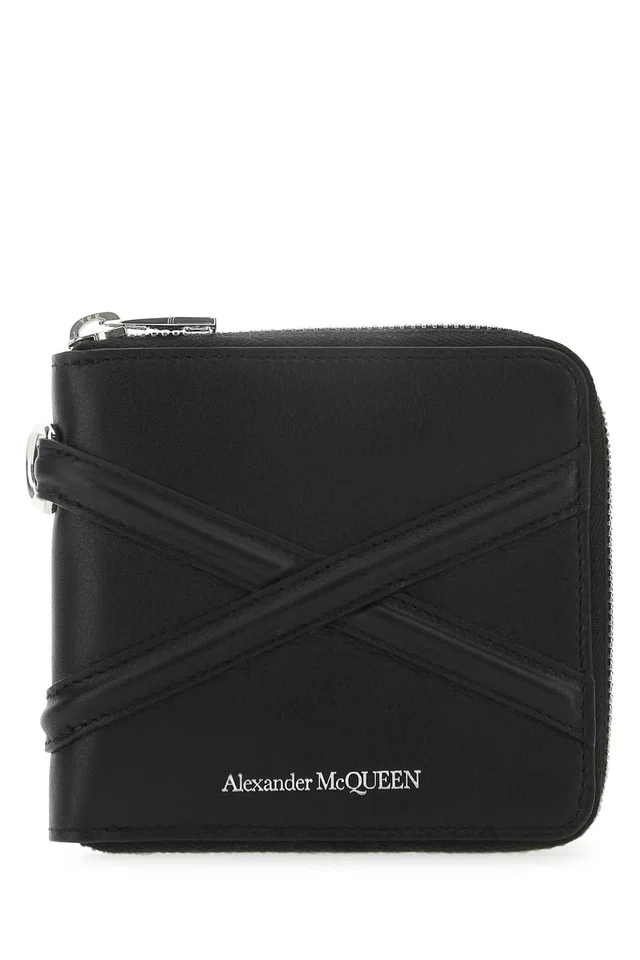 Alexander McQueen Cross-Strap Leather Wallet — Black Exterior in Black Leather from HEWI