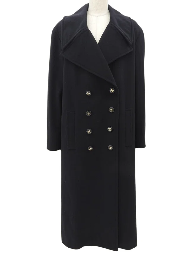 Chanel カシミアCCマークボタンダブルブレストロングコート ブラック from VINTAGE QOO TOKYO