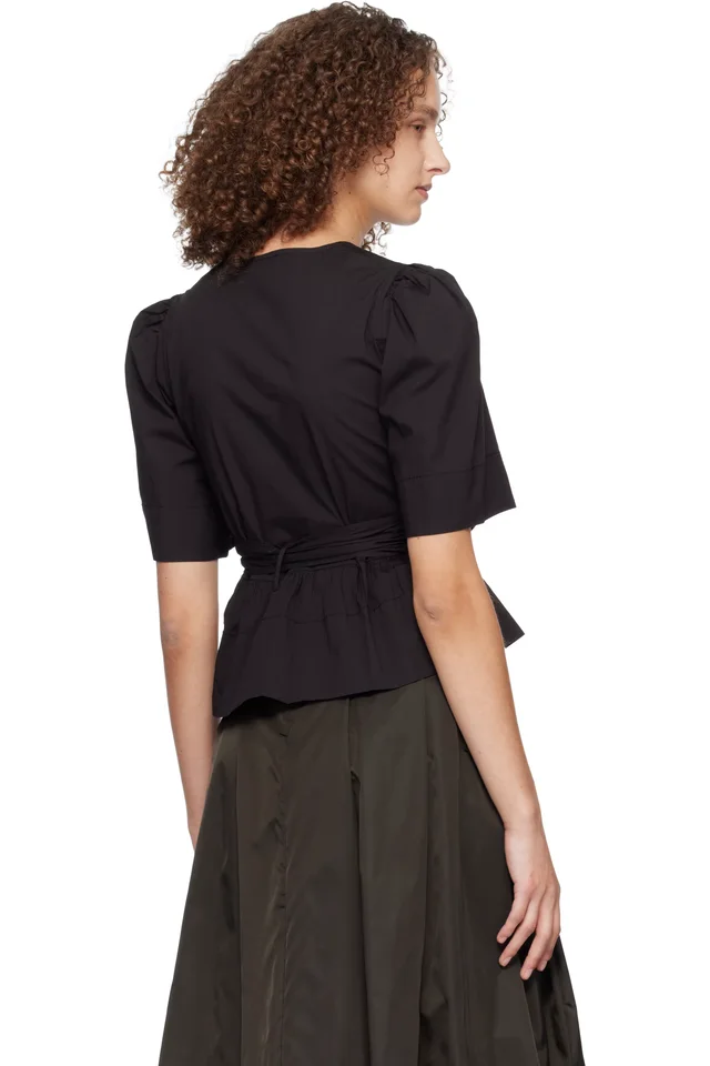 GANNI Black Washed Stretch Cotton Tie Strap Blouse, photo 3 of 4 from SSENSE