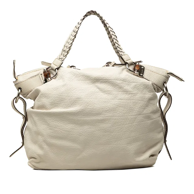 White Gucci Large Leather Bamboo Bar Tote in White Leather from Designer Revival
