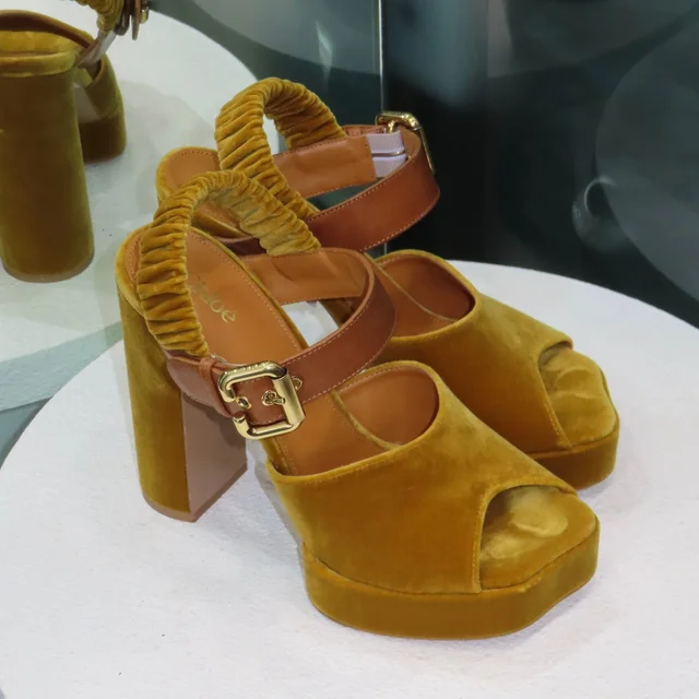 Chloé Aria Velvet Platform Sz 38 - Gold Ochre in Gold Velvet from Revivre Luxury Consignment
