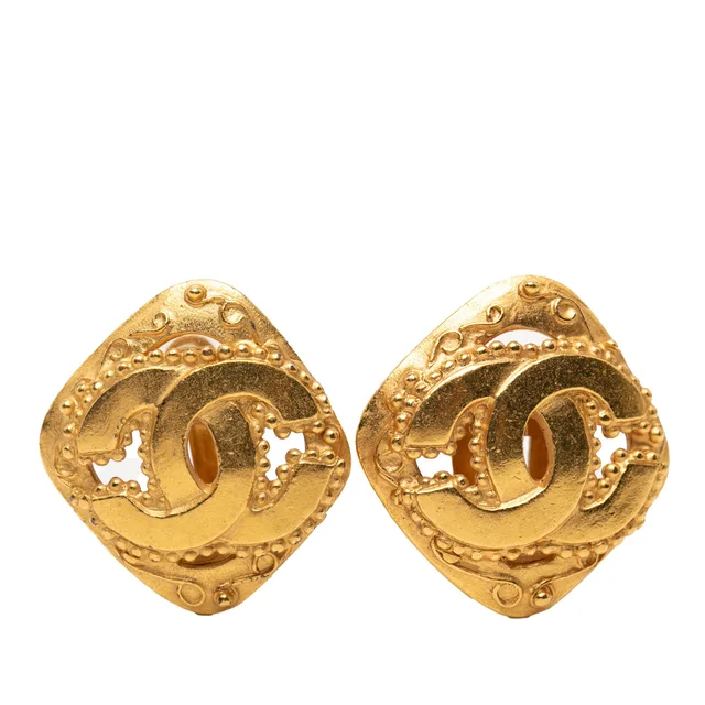 Gold Chanel CC Gold Plated Rhombus Clip On Earrings in Gold from Designer Revival