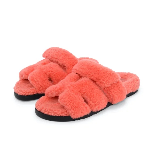 Hermès Shearling Chypre Sandals 38 in Rose du Désert from Blue Spinach