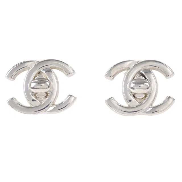 Chanel CC Turnlock Clip-On Earrings Silver Large 96P in Silver from AMORE Vintage Tokyo