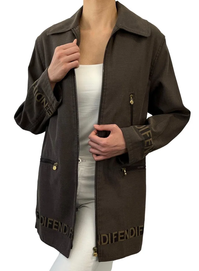 Fendi Vintage Logo Zipped Jacket #40 Polyester Cotton Brown Gold RankAB+ in Brown from Luxury Promise