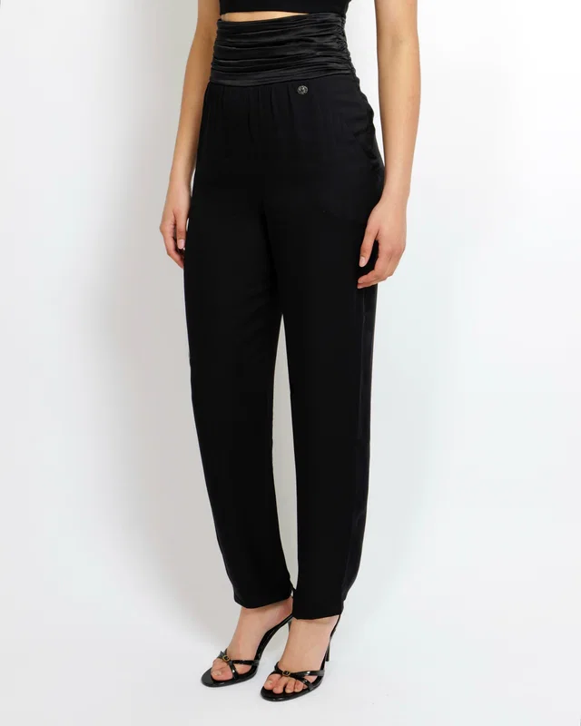 Chanel Black Silk Trousers with Pleated Waistband and Silver Crystal Button Detail Size FR 36 (UK 8) in Black Silk from Sellier