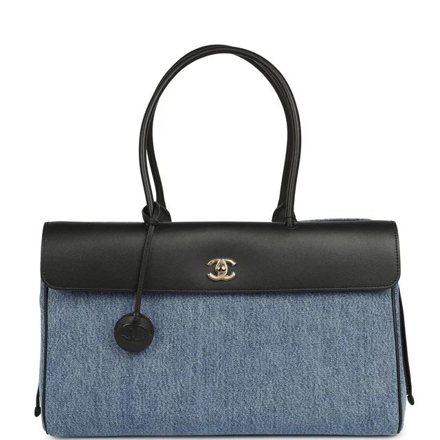 Chanel Large "Urban Essential" East West Shopping Tote Blue Denim, Black Caviar Gold Hardware in Black Caviar leather from Madison Avenue Couture