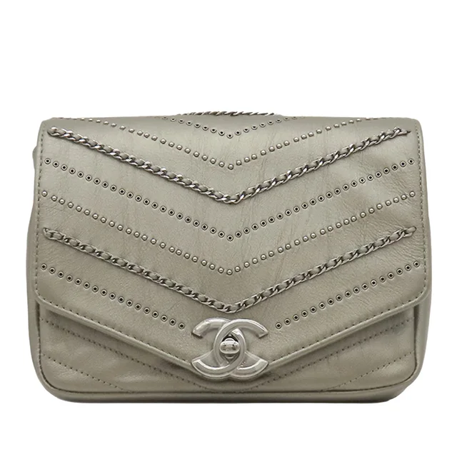 Silver Chanel Small Chevron Calfskin Embellished Data Center Envelope Flap Crossbody Bag in Silver Calfskin from Designer Revival
