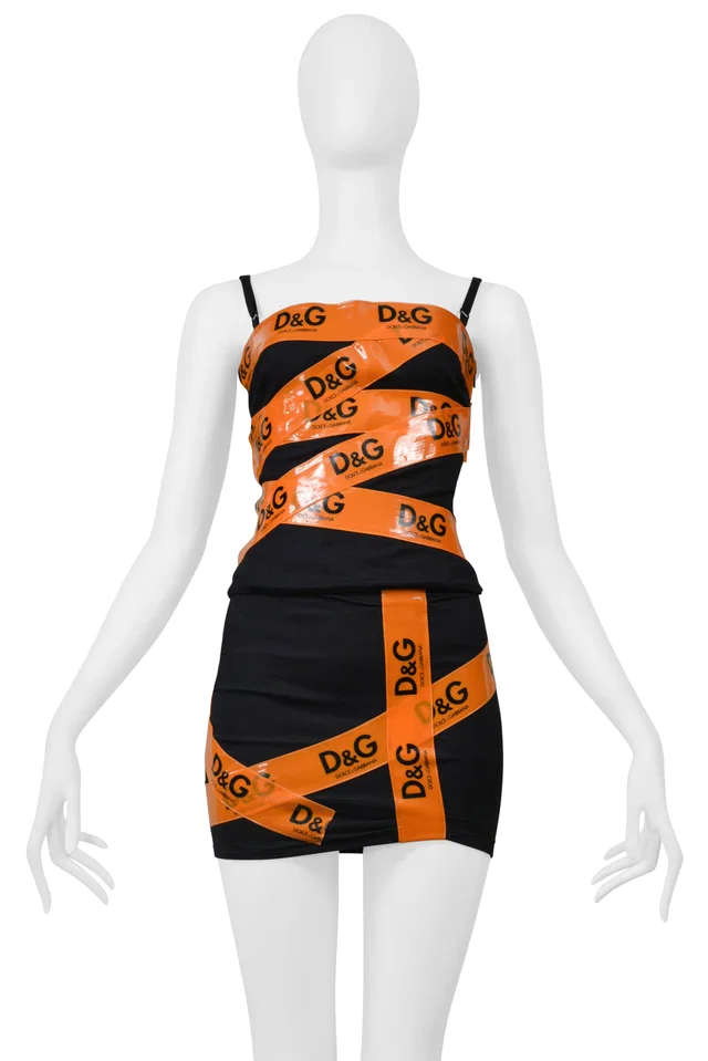 Dolce & Gabbana Black Tank And Skirt With Orange Tape Ensemble in Black Patent leather from Resurrection Vintage