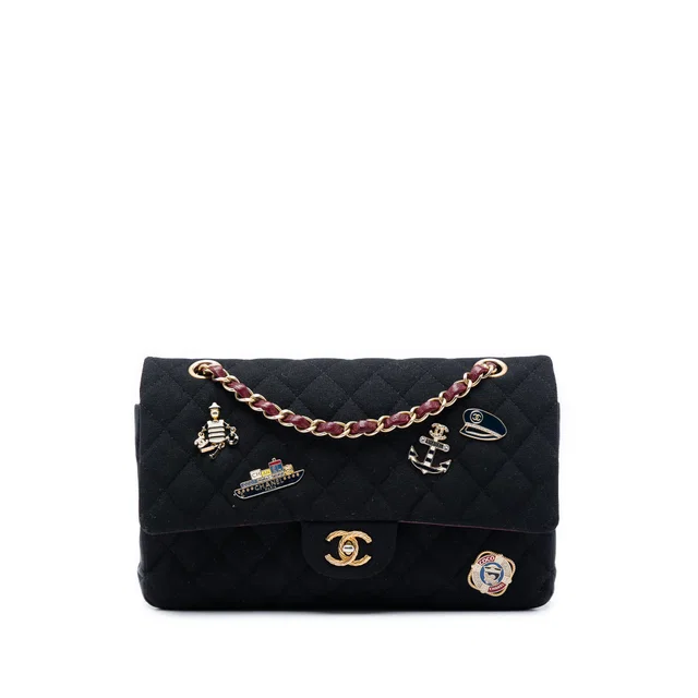 Black Chanel Paris Hamburg Medium Classic Jersey Coco Sailor Charms Double Flap Shoulder Bag in Black Woven leather from Designer Revival