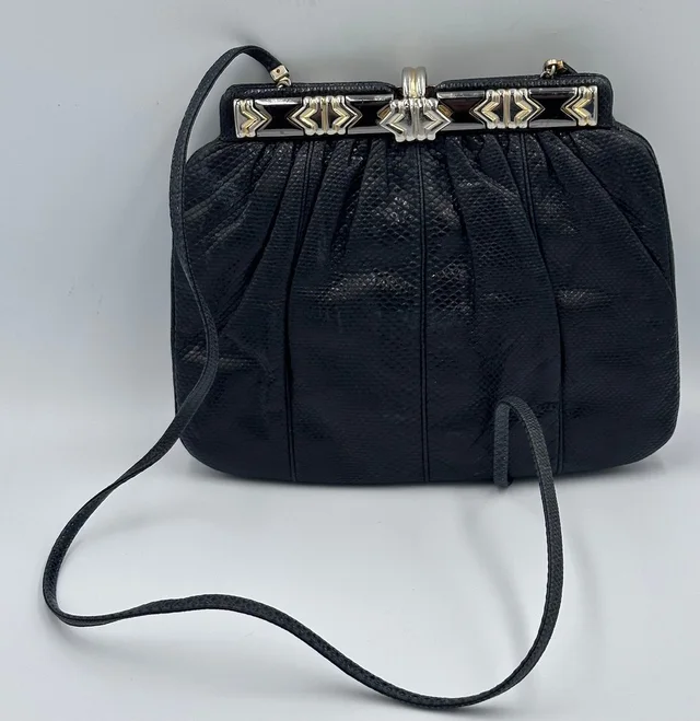 Judith Leiber Designer Art Deco Black Lizard Leather Clutch Shoulder Bag in black Lizard from Poshmark