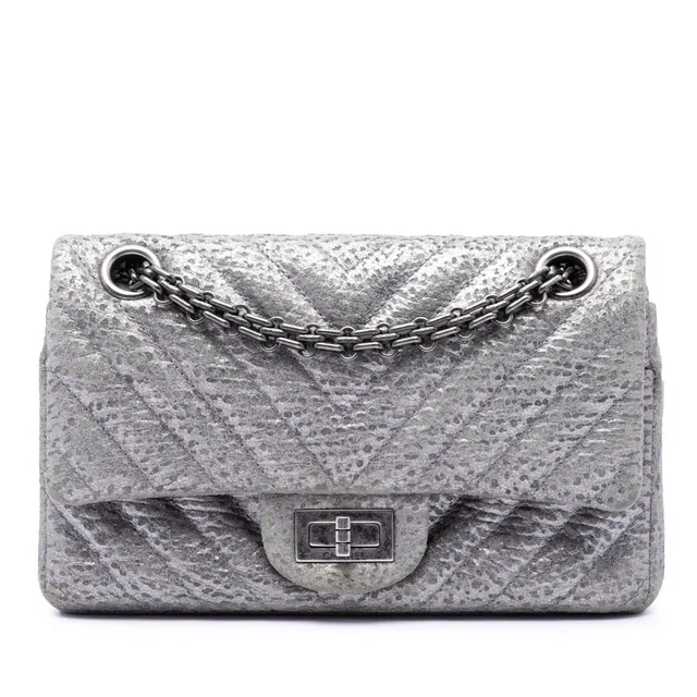 Silver Chanel Chevron Metallic Textured Calfskin Reissue 2.55 Double Flap 224 Shoulder Bag in Silver Calfskin from Designer Revival