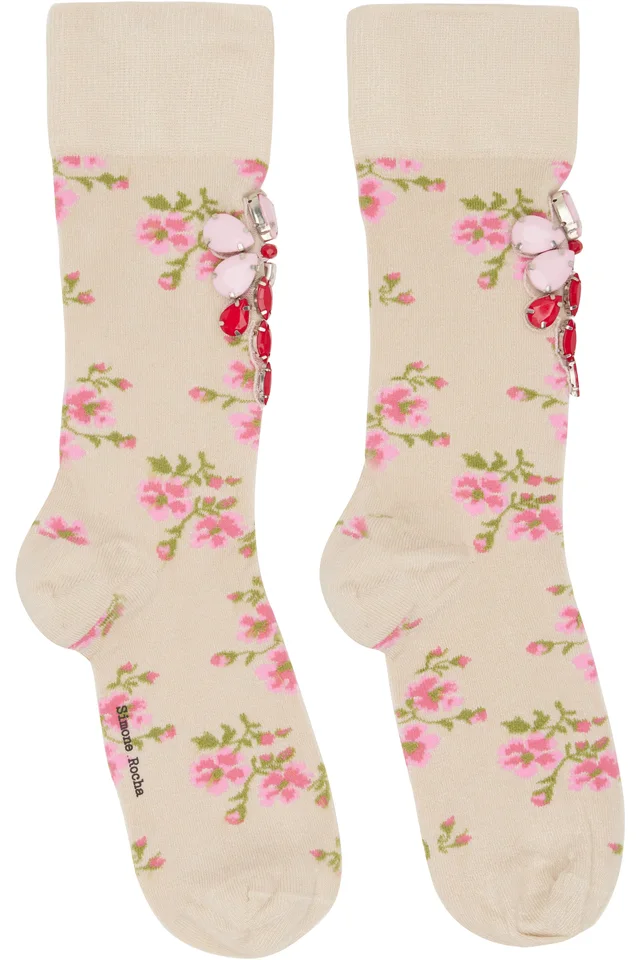 Simone Rocha Beige Tiny Flower Jacquard Embellished Ankle Socks, image 1 of 1 from SSENSE