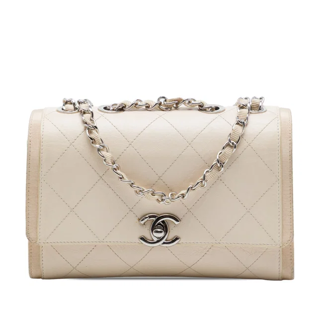 Brown Chanel CC Quilted Crumpled Calfskin and Grosgrain Flap Crossbody Bag in Brown Calfskin from Designer Revival