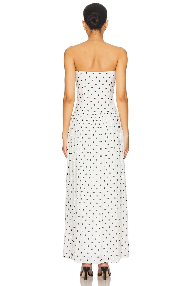 MORE TO COME Celsee Strapless Maxi Dress in White & Black Dot, photo 3 of 4 from REVOLVE (Canada)