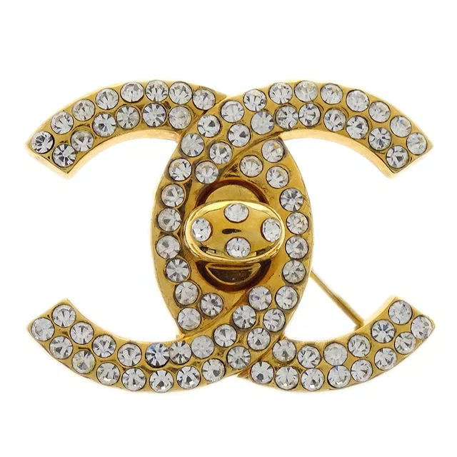 Chanel CC Turnlock Rhinestone Charm Brooch Pin Gold 97P in Gold from AMORE Vintage Tokyo